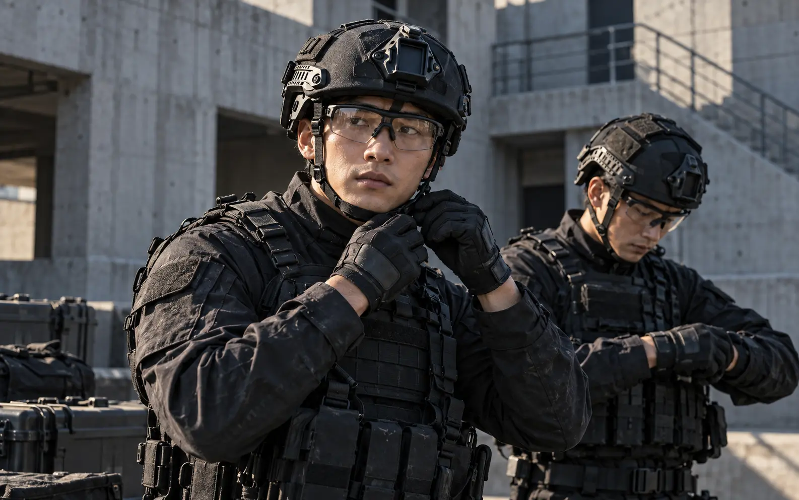 콘크리트 훈련시설에서 보호 장비를 착용한 가상의 특수임무 대원들 · AI 재현 이미지, 실제 기록사진 아님