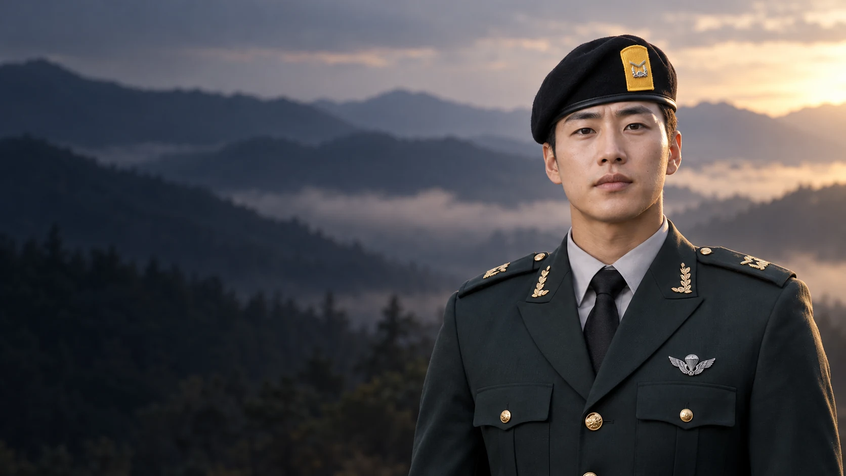 육군 특전사의 공개 복식 사진을 참고한 검은 베레모와 짙은 녹색 정복 차림의 가상 인물. AI 생성 이미지이며 실제 기록사진이 아님.